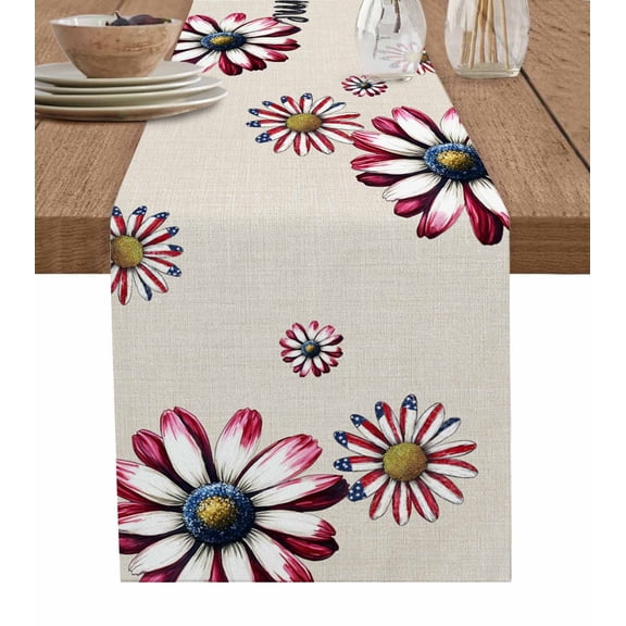Hokiten Table Runners 108 Inches Long Dress Scarves, 4th of July Farmhouse Coffee/Dining/Kitchen Table Runner for Living Room, Red Spring Floral Daisy Independence Day 13x108 Inch
