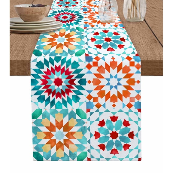 Hokiten Table Runners 108 Inches Long Dress Scarves, Colorful Boho Geometric Farmhouse Coffee/Dining/Kitchen Table Runner for Living Room, Bohemian Ethnic Abstract Art 13x108 Inch