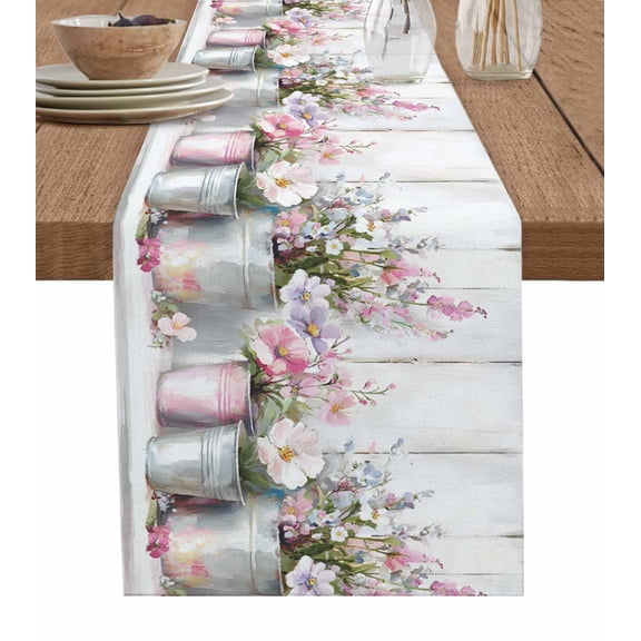 Hokiten Table Runners 108 Inches Long Dress Scarves, Spring Flowers Farmhouse Coffee/Dining/Kitchen Table Runner for Living Room, Purple Pink Floral Vintage Wooden Plank 13x108 Inch