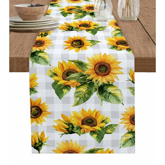 Hokiten Table Runners 108 Inches Long Dress Scarves, Sunflower Gray Check Farmhouse Coffee/Dining/Kitchen Table Runner for Living Room, Spring Summer Flowers Botanical 13x108 Inch