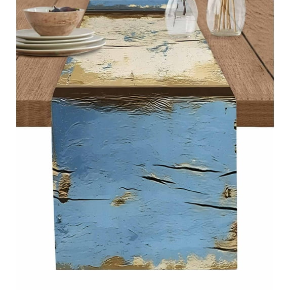 Hokiten Table Runners 120 Inches Long Dress Scarves, Blue Beige Wood Grain Farmhouse Coffee/Dining/Kitchen Table Runner for Living Room, Modern Shabby Chic Board 13x120 Inch