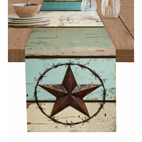 Hokiten Table Runners 120 Inches Long Dress Scarves, Texas Star Western Farmhouse Coffee/Dining/Kitchen Table Runner for Living Room, Vintage Teal Brown Wooden Farmhouse 13x120 Inch