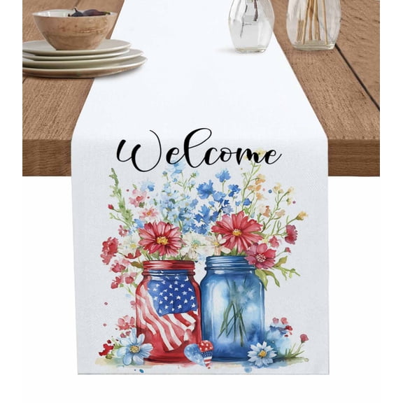 Hokiten Table Runners 36 Inches Long Dress Scarves, 4th of July Farmhouse Kitchen/Dining Table Runner, Short Coffee Tablerunners, Independence Day Spring Floral American Flag 13x36 Inch