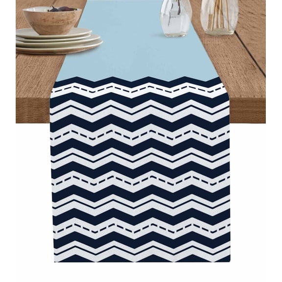 Hokiten Table Runners 36 Inches Long Dress Scarves, Black Chevron Farmhouse Kitchen/Dining Table Runner, Short Coffee Tablerunners, Geometric Blue White Sea Wavy Striped 13x36 Inch