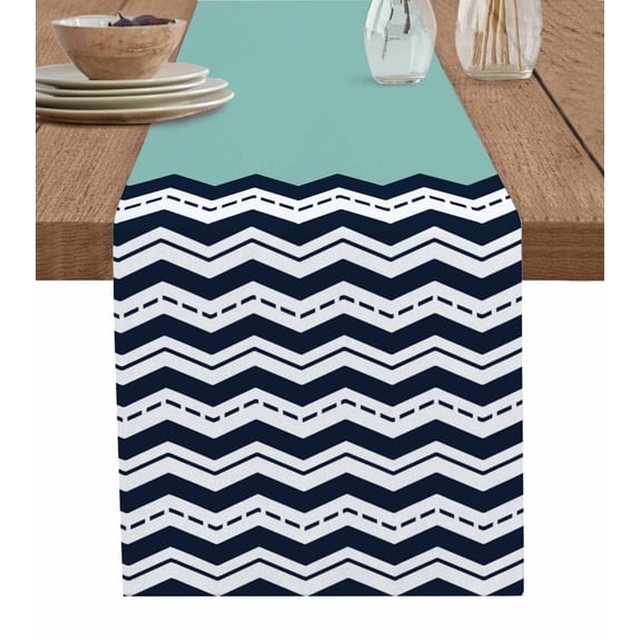 Hokiten Table Runners 36 Inches Long Dress Scarves, Black Chevron Farmhouse Kitchen/Dining Table Runner, Short Coffee Tablerunners, Geometric Turquoise Wavy Striped White 13x36 Inch