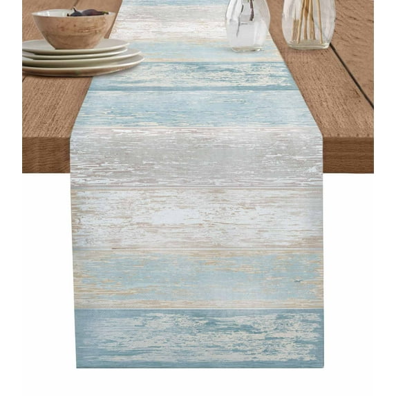 Hokiten Table Runners 36 Inches Long Dress Scarves, Blue Beige Farmhouse Farmhouse Kitchen/Dining Table Runner, Short Coffee Tablerunners, Vintage Wooden Striped 13x36 Inch