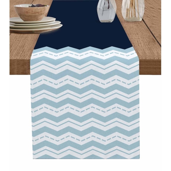 Hokiten Table Runners 36 Inches Long Dress Scarves, Blue Chevron Farmhouse Kitchen/Dining Table Runner, Short Coffee Tablerunners, Geometric Black Print Wavy Striped White 13x36 Inch
