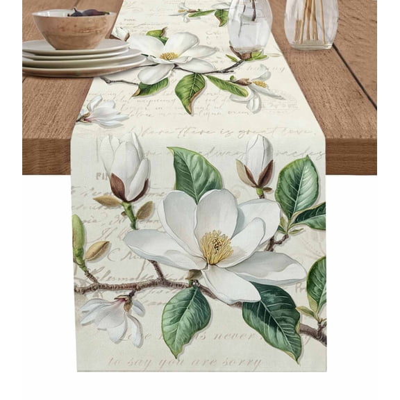 Hokiten Table Runners 36 Inches Long Dress Scarves, Botanical Floral Farmhouse Kitchen/Dining Table Runner, Short Coffee Tablerunners, Retro Country Magnolia Flowers Leaves 13x36 Inch