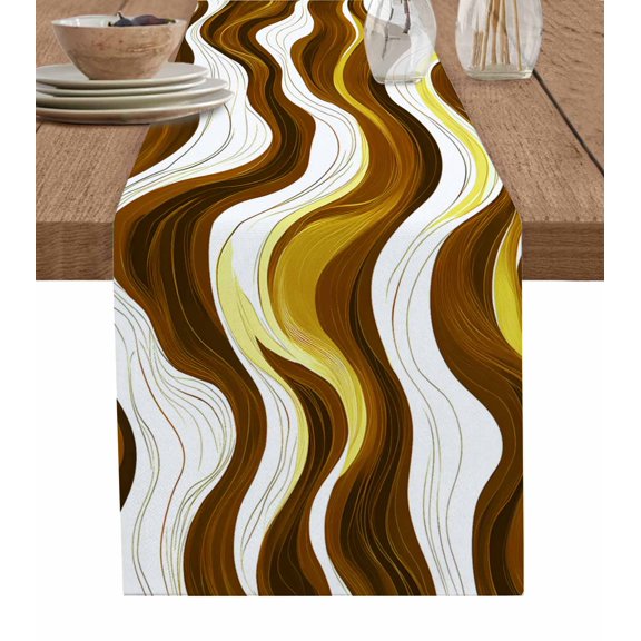 Hokiten Table Runners 36 Inches Long Dress Scarves, Brown Stripe Farmhouse Kitchen/Dining Table Runner, Short Coffee Tablerunners, Gold Geometric White Coastal Wave Modern Ocean 13x36 Inch