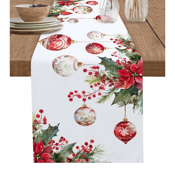 Hokiten Table Runners 36 Inches Long Dress Scarves, Christmas Balls Farmhouse Kitchen/Dining Table Runner, Short Coffee Tablerunners, Xmas Poinsettia Botanical Red 13x36 Inch
