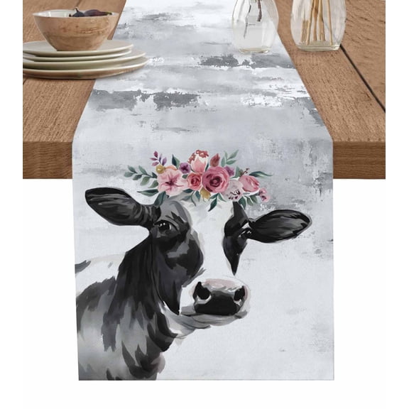 Hokiten Table Runners 36 Inches Long Dress Scarves, Farmhouse Cow Farmhouse Kitchen/Dining Table Runner, Short Coffee Tablerunners, Watercolor Animal Botanical Flowers 13x36 Inch