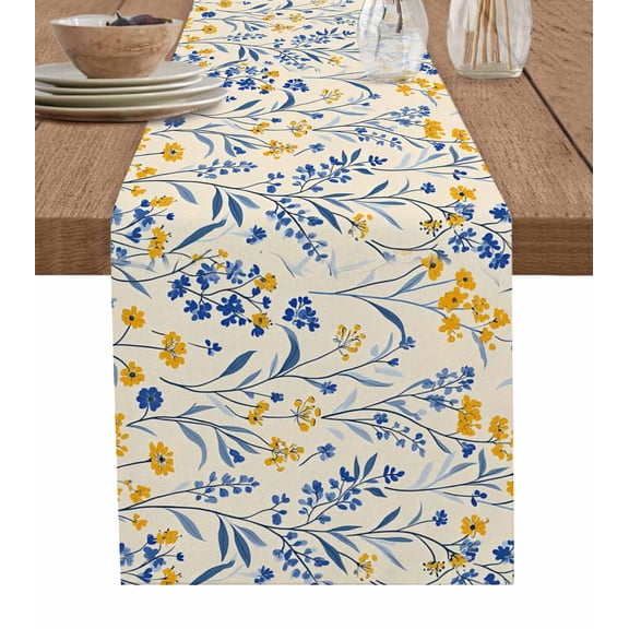 Hokiten Table Runners 36 Inches Long Dress Scarves, Garden Flora Illustrations Farmhouse Kitchen/Dining Table Runner, Short Coffee Tablerunners, Blue Yellow Flowers 13x36 Inch