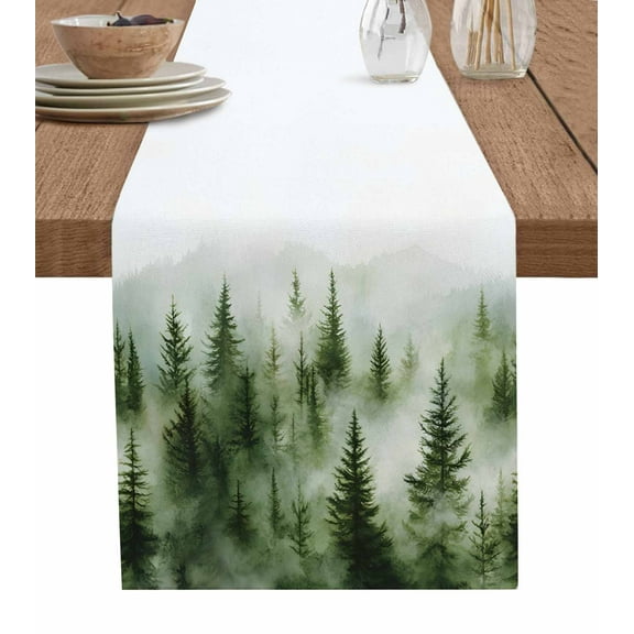 Hokiten Table Runners 36 Inches Long Dress Scarves, Green Mist Forest Farmhouse Kitchen/Dining Table Runner, Short Coffee Tablerunners, Foggy Mountain Tree Nature Landscape 13x36 Inch