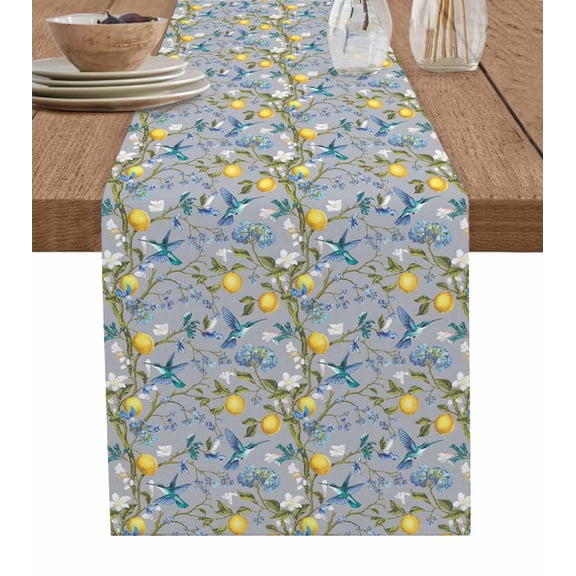 Hokiten Table Runners 36 Inches Long Dress Scarves, Lemon Tree Birds Farmhouse Kitchen/Dining Table Runner, Short Coffee Tablerunners, Green Botanical Blue Floral 13x36 Inch
