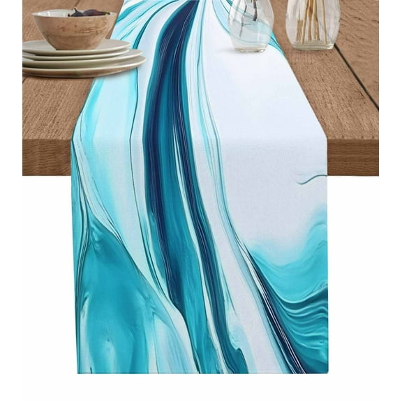 Hokiten Table Runners 36 Inches Long Dress Scarves, Marble Ripple Farmhouse Kitchen/Dining Table Runner, Short Coffee Tablerunners, Blue White Marble Lines Abstract Art 13x36 Inch