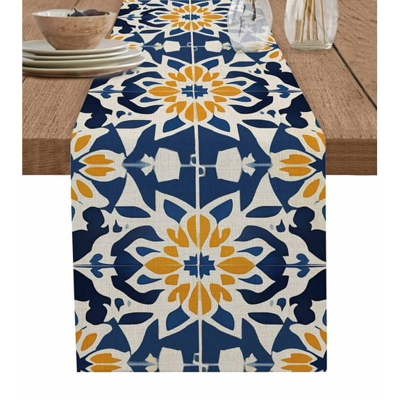 Hokiten Table Runners 36 Inches Long Dress Scarves, Morocco Farmhouse Kitchen/Dining Table Runner, Short Coffee Tablerunners, Orange Blue Plaid Boho Bohemian Mexican Aztec 13x36 Inch
