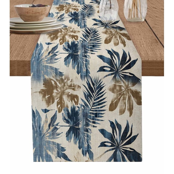 Hokiten Table Runners 36 Inches Long Dress Scarves, Navy Blue Brown Botanical Farmhouse Kitchen/Dining Table Runner, Short Coffee Tablerunners, Tropical Palm Leaves Retro 13x36 Inch