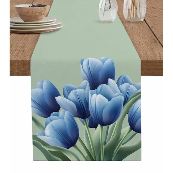 Hokiten Table Runners 36 Inches Long Dress Scarves, Navy Blue Tulip Farmhouse Kitchen/Dining Table Runner, Short Coffee Tablerunners, Chic Elegant Flowers Botanical Sage Green 13x36 Inch