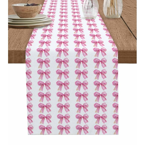 Hokiten Table Runners 36 Inches Long Dress Scarves, Pink Bow Ribbon Farmhouse Kitchen/Dining Table Runner, Short Coffee Tablerunners, Bowknot Bow Tie Aesthetics Minimalist 13x36 Inch