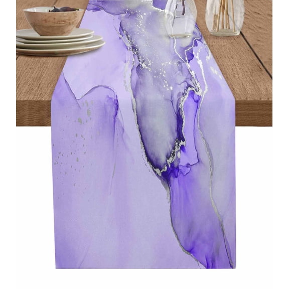 Hokiten Table Runners 36 Inches Long Dress Scarves, Purple Marble Farmhouse Kitchen/Dining Table Runner, Short Coffee Tablerunners, Modern Abstract Waves Silvery Farmhouse 13x36 Inch