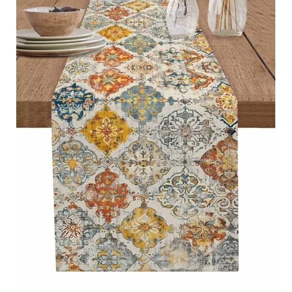 Hokiten Table Runners 36 Inches Long Dress Scarves, Retro Morocco Farmhouse Kitchen/Dining Table Runner, Short Coffee Tablerunners, Boho Shabby Abstract Geometric Aesthetic 13x36 Inch