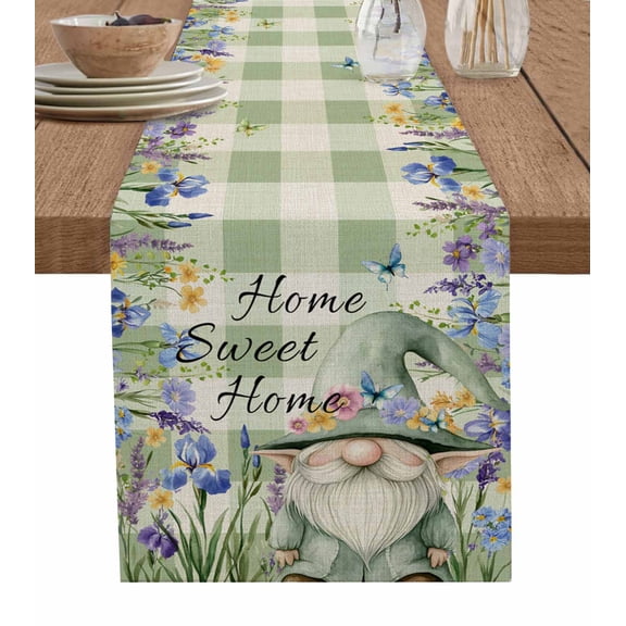 Hokiten Table Runners 36 Inches Long Dress Scarves, Rustic Gnome Farmhouse Kitchen/Dining Table Runner, Short Coffee Tablerunners, Spring Flowers Butterfly Green Check 13x36 Inch