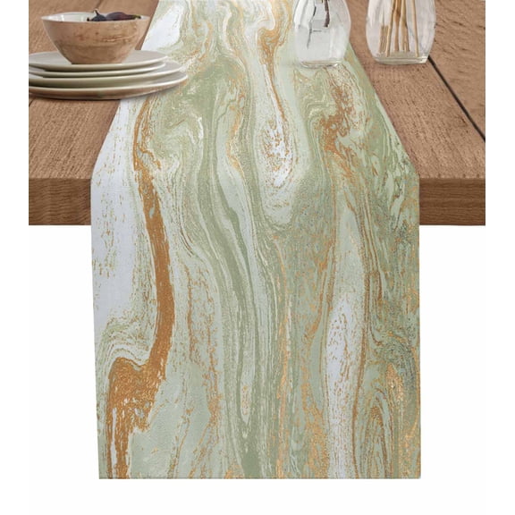 Hokiten Table Runners 36 Inches Long Dress Scarves, Sage Green Marble Farmhouse Kitchen/Dining Table Runner, Short Coffee Tablerunners, Contemporary Abstract Fluid Art 13x36 Inch