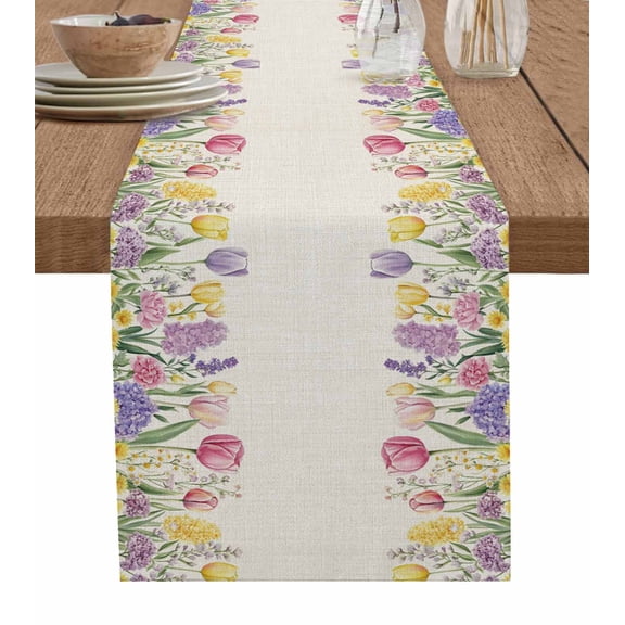Hokiten Table Runners 36 Inches Long Dress Scarves, Spring Floral Farmhouse Kitchen/Dining Table Runner, Short Coffee Tablerunners, Pink Tulip Summer Botanical Rustic 13x36 Inch