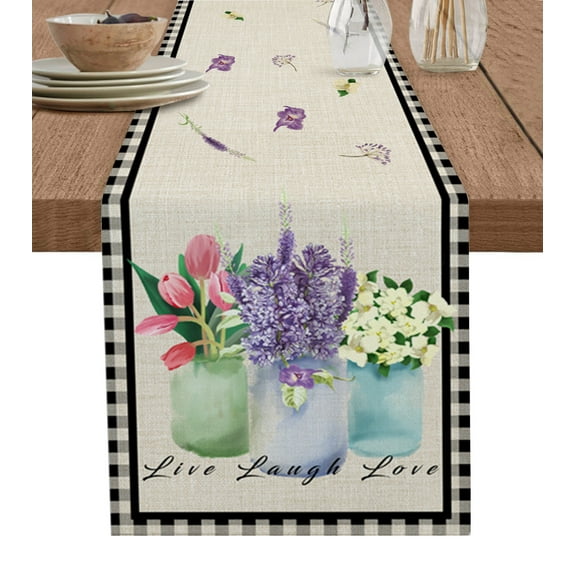 Hokiten Table Runners 36 Inches Long Dress Scarves, Spring Floral Tulip Farmhouse Kitchen/Dining Table Runner, Short Coffee Tablerunners, Black Check Buffalo 13x36 Inch