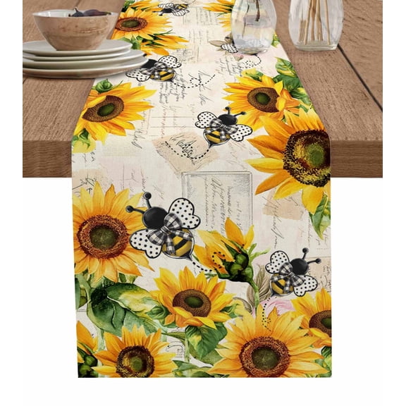 Hokiten Table Runners 36 Inches Long Dress Scarves, Sunflower Bee Farmhouse Kitchen/Dining Table Runner, Short Coffee Tablerunners, Yellow Botanical Vintage Rose Floral Spring 13x36 Inch