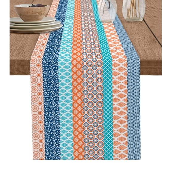 Hokiten Table Runners 36 Inches Long Dress Scarves, Teal Orange Striped Farmhouse Kitchen/Dining Table Runner, Short Coffee Tablerunners, Boho Modern Geometric Abstract Art 13x36 Inch