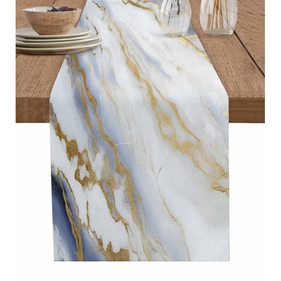 Hokiten Table Runners 36 Inches Long Dress Scarves, White Gold Marble Farmhouse Kitchen/Dining Table Runner, Short Coffee Tablerunners, Abstract Blue Simple Geometric 13x36 Inch