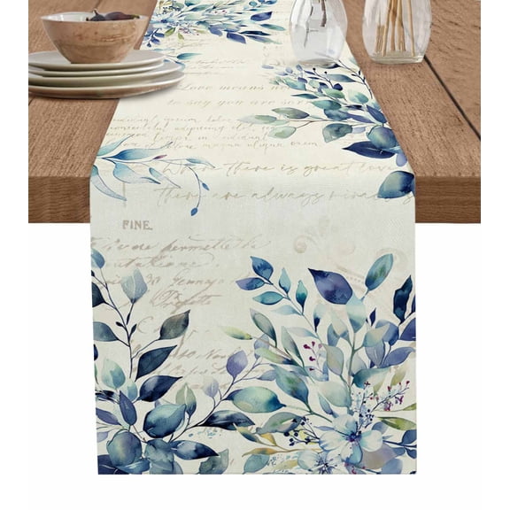 Hokiten Table Runners 48 Inches Long Dress Scarves, Blue Teal Eucalyptus Leaves Farmhouse Kitchen/Dining Table Runner, Short Coffee Tablerunners, Watercolor Vintage Botanical 13x48 Inch