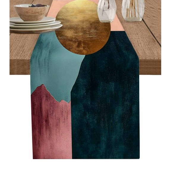 Hokiten Table Runners 48 Inches Long Dress Scarves, Boho Geometric Farmhouse Kitchen/Dining Table Runner, Short Coffee Tablerunners, Modern Abstract Gold Circle Art 13x48 Inch