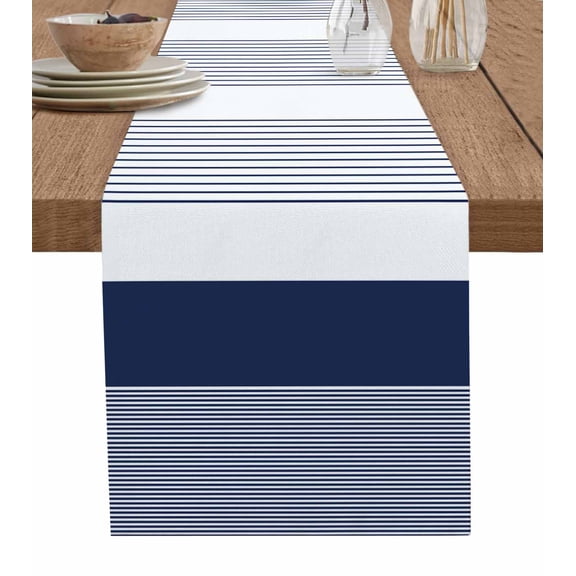 Hokiten Table Runners 48 Inches Long Dress Scarves, Navy Blue Stripe Farmhouse Kitchen/Dining Table Runner, Short Coffee Tablerunners, Modern Rustic Horizontal Blue Striped 13x48 Inch
