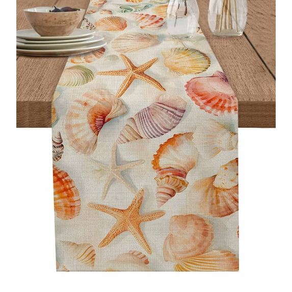 Hokiten Table Runners 48 Inches Long Dress Scarves, Orange Shells Coastal Farmhouse Kitchen/Dining Table Runner, Short Coffee Tablerunners, Summer Beach Starfish Burlap 13x48 Inch