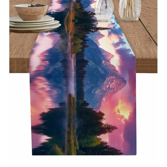 Hokiten Table Runners 48 Inches Long Dress Scarves, Purple Mountain Farmhouse Kitchen/Dining Table Runner, Short Coffee Tablerunners, Modern Art Forest 13x48 Inch