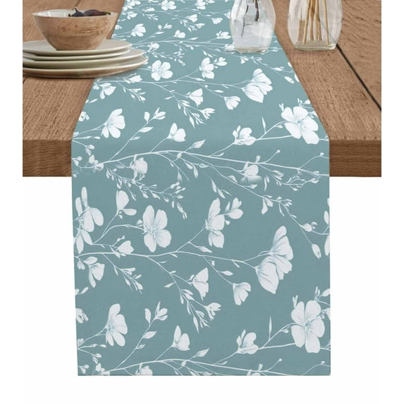 Hokiten Table Runners 48 Inches Long Dress Scarves, Spring Flowers Farmhouse Kitchen/Dining Table Runner, Short Coffee Tablerunners, Watercolor Vintage Plant Aqua Blue Leaf 13x48 Inch
