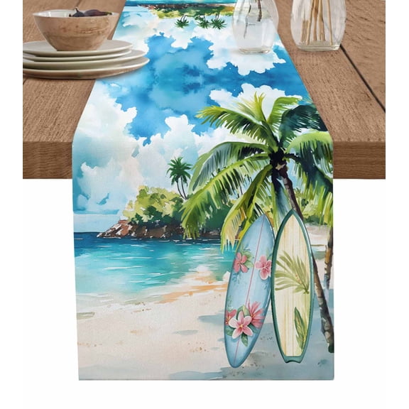 Hokiten Table Runners 48 Inches Long Dress Scarves, Summer Beach Farmhouse Kitchen/Dining Table Runner, Short Coffee Tablerunners, Tropical Coastal Palm Tree Surfboard 13x48 Inch