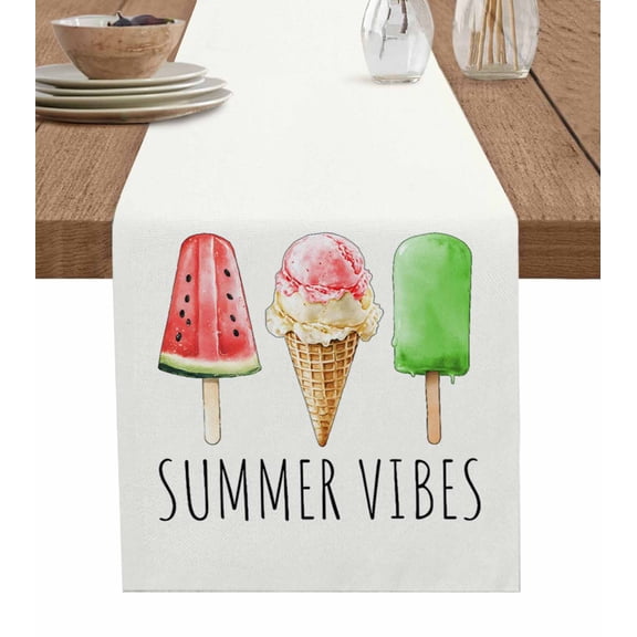 Hokiten Table Runners 48 Inches Long Dress Scarves, Summer Ice Cream Farmhouse Kitchen/Dining Table Runner, Short Coffee Tablerunners, Beige Dessert Watermelon 13x48 Inch