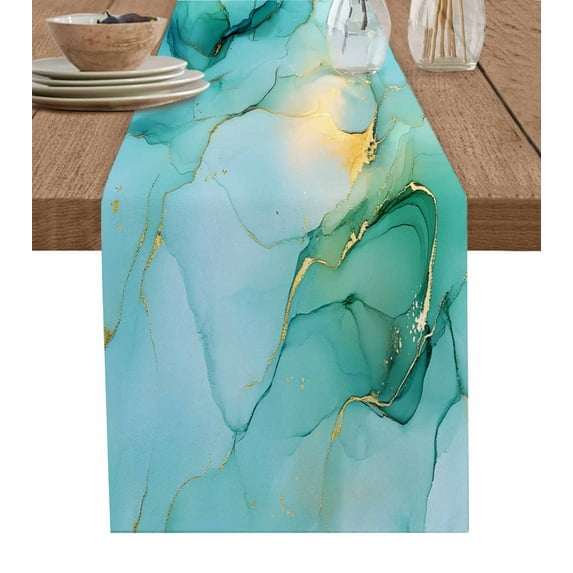 Hokiten Table Runners 48 Inches Long Dress Scarves, Teal Marble Farmhouse Kitchen/Dining Table Runner, Short Coffee Tablerunners, Abstract Art Modern Ink Painting 13x48 Inch