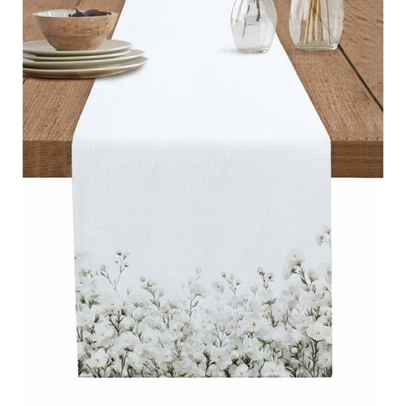 Hokiten Table Runners 48 Inches Long Dress Scarves, White Floral Farmhouse Kitchen/Dining Table Runner, Short Coffee Tablerunners, Vintage Botanicals Blossom Motif Spring 13x48 Inch