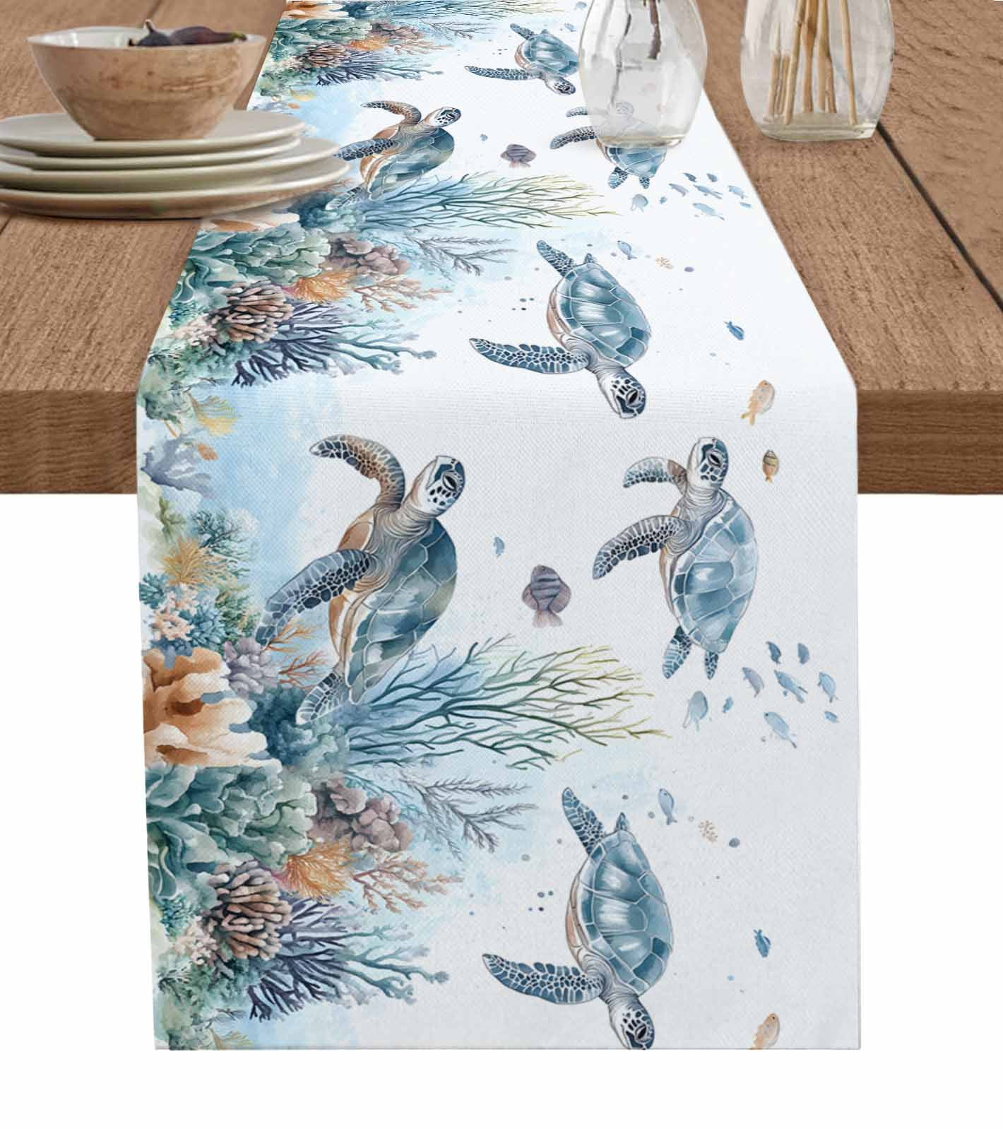 Blue Turtle Coastal Table Runner, 108 Inches Long - Cotton Linen Farmhouse Beach Decor - View #5