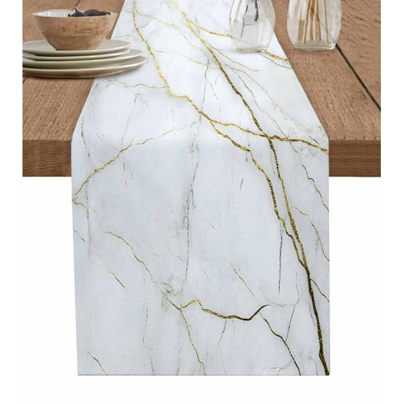 Hokiten Table Runners 60 Inches Long Dress Scarves, Marble White Farmhouse Kitchen/Dining Table Runner, Small Coffee Tablerunners, Modern Abstract Art Golden Ink Painting 13x60 Inch