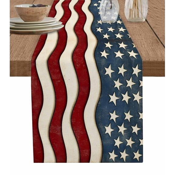 Hokiten Table Runners 60 Inches Long Dress Scarves, Retro American Flag Farmhouse Kitchen/Dining Table Runner, Small Coffee Tablerunners, White Star Red Blue US Flag 13x60 Inch