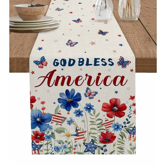Hokiten Table Runners 70 Inches Long Dress Scarves, 4th of July Farmhouse Coffee/Dining/Kitchen Table Decor, Holiday Table Runner, Independence Day Red Blue Floral Rustic 13x70 Inch