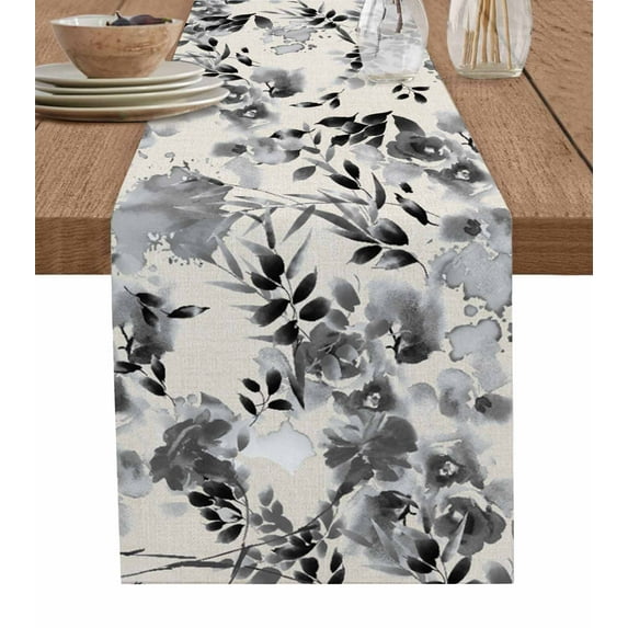 Hokiten Table Runners 70 Inches Long Dress Scarves, Black Grey Spring Floral Farmhouse Coffee/Dining/Kitchen Table Decor, Holiday Table Runner, Summer Botanical Watercolor Rustic 13x70 Inch