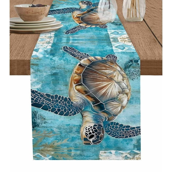 Hokiten Table Runners 70 Inches Long Dress Scarves, Blue Green Coastal Farmhouse Coffee/Dining/Kitchen Table Decor, Holiday Table Runner, Sea Turtle Ocean Retro 13x70 Inch