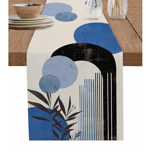 Hokiten Table Runners 70 Inches Long Dress Scarves, Boho Middle Century Farmhouse Coffee/Dining/Kitchen Table Decor, Holiday Table Runner, Abstract Blue Geometric Leaves 13x70 Inch