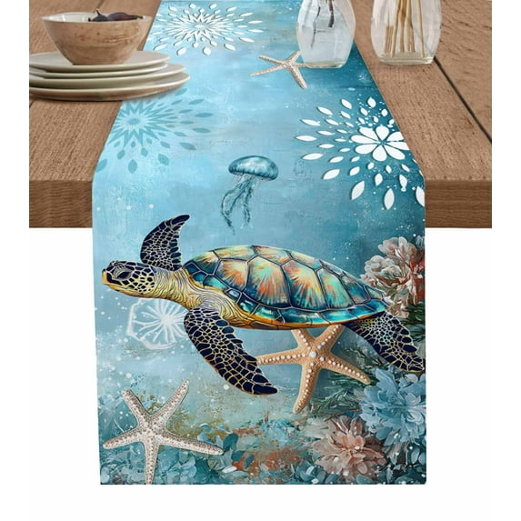 Hokiten Table Runners 70 Inches Long Dress Scarves, Coastal Sea Turtle Farmhouse Coffee/Dining/Kitchen Table Decor, Holiday Table Runner, Vintage Teal Nautical Beach Botanical 13x70 Inch